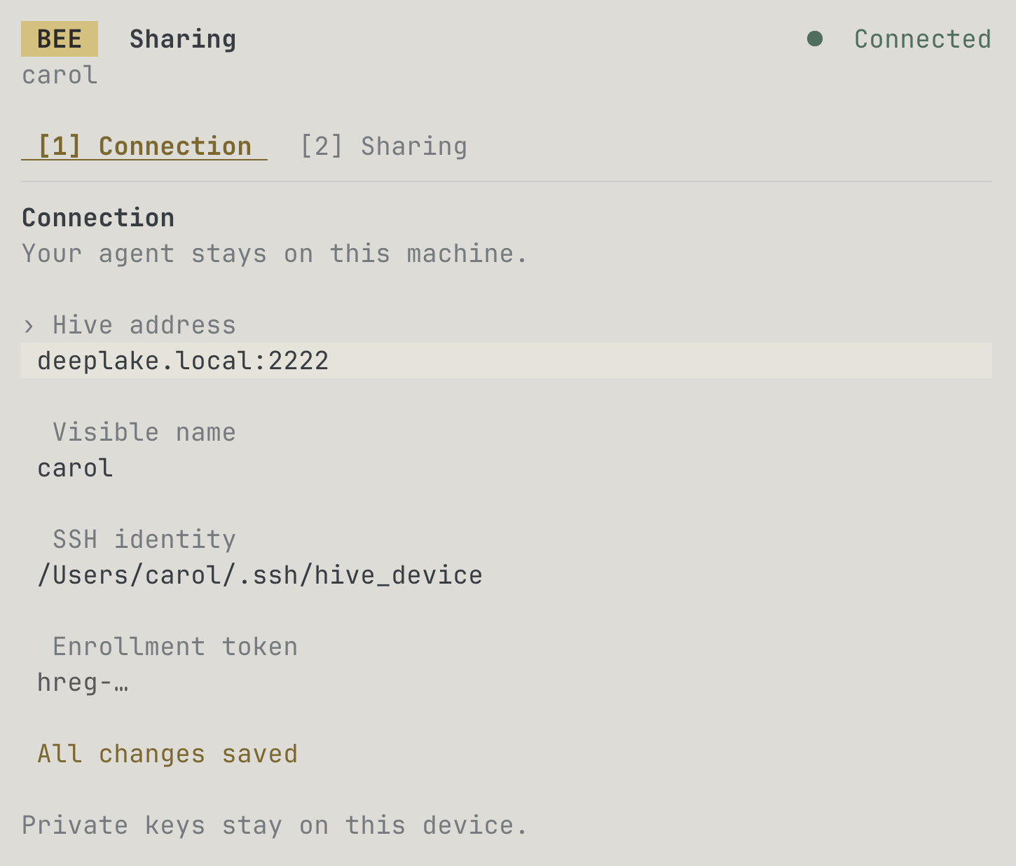 herdr bee 插件的连接配置界面，填写 hive address、visible name、SSH identity 和 enrollment token